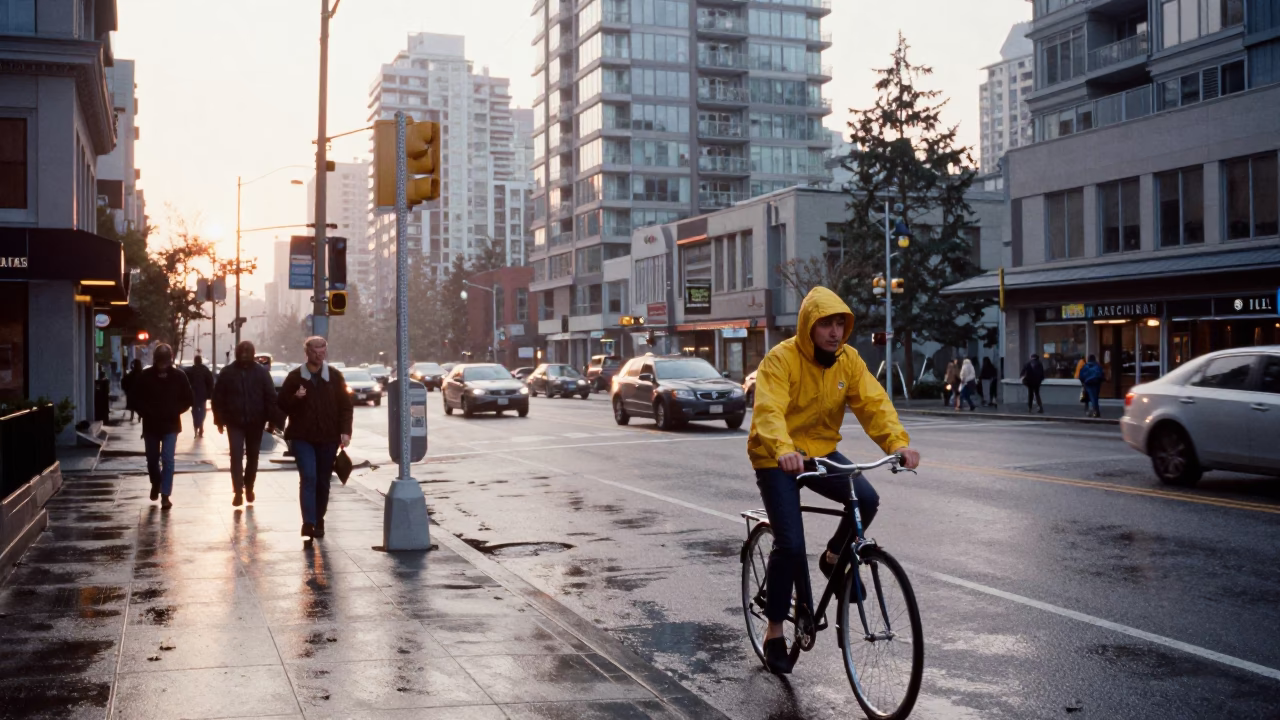 Sunrise street scene in Vancouver British Columbia with commuter and urban details in in Vancouver, British Columbia, Canada