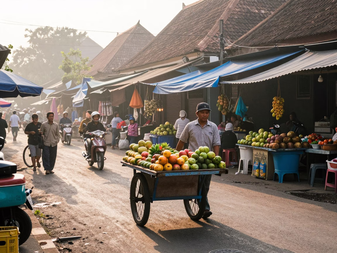 Sunrise Street Scene in Yogyakarta Indonesia with Traditional Market Activity and Local Life in in Yogyakarta, Indonesia