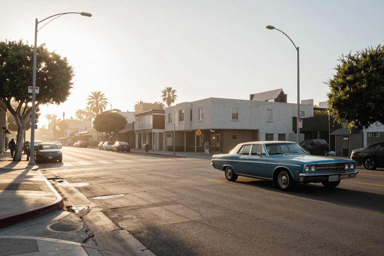 Sunrise Street Scene Los Angeles California with Vintage 1970s Elements in in Los Angeles, California, United States
