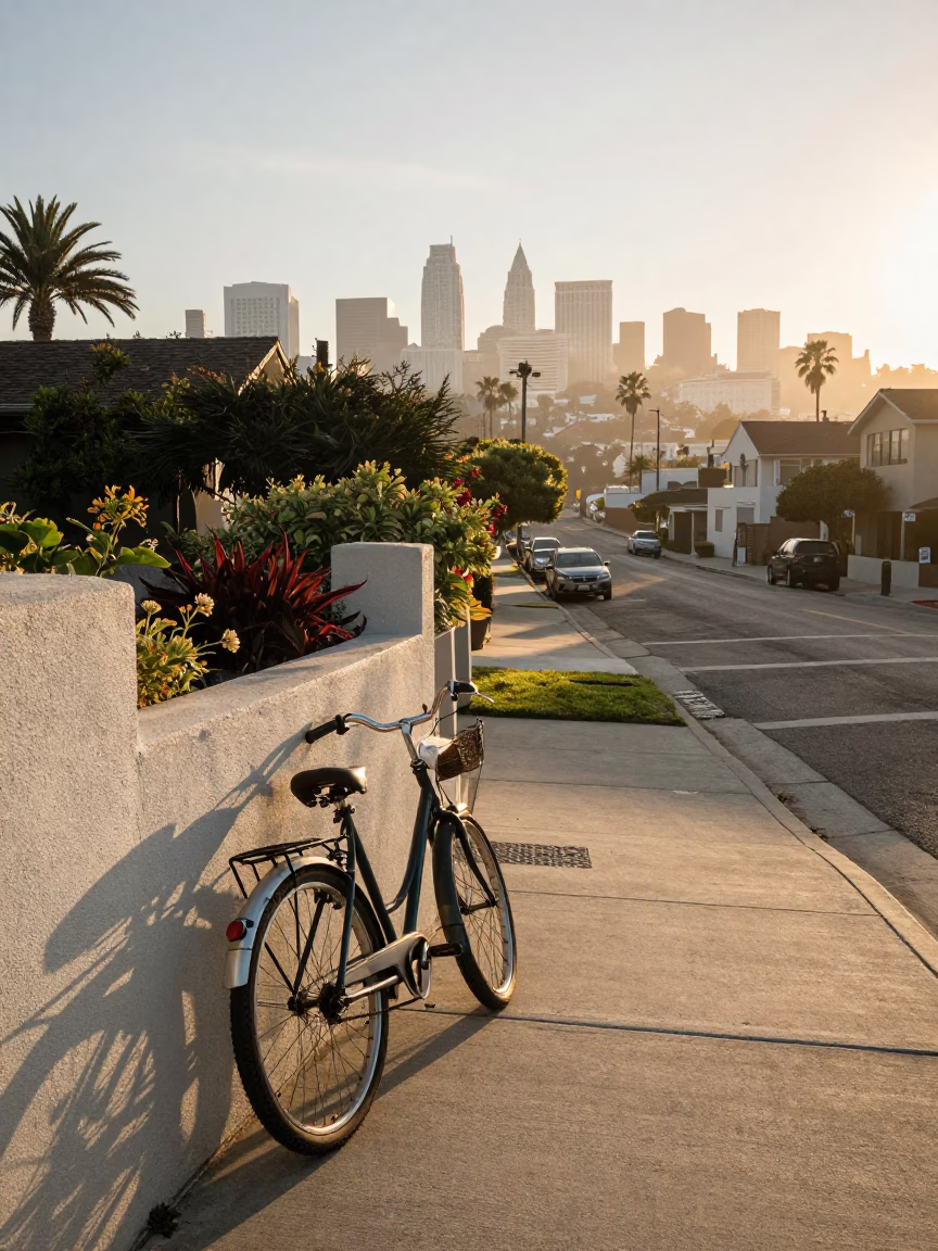 Sunrise Street Scene San Diego with Vintage Bicycle and Garden Tools in in San Diego, California, United States