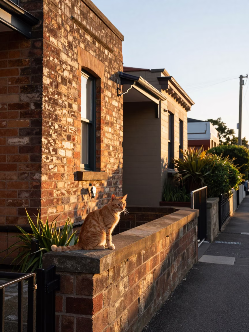 Sunrise Street Scene with Orange Cat and Ceramic Cup in Sydney in in Sydney, New South Wales, Australia