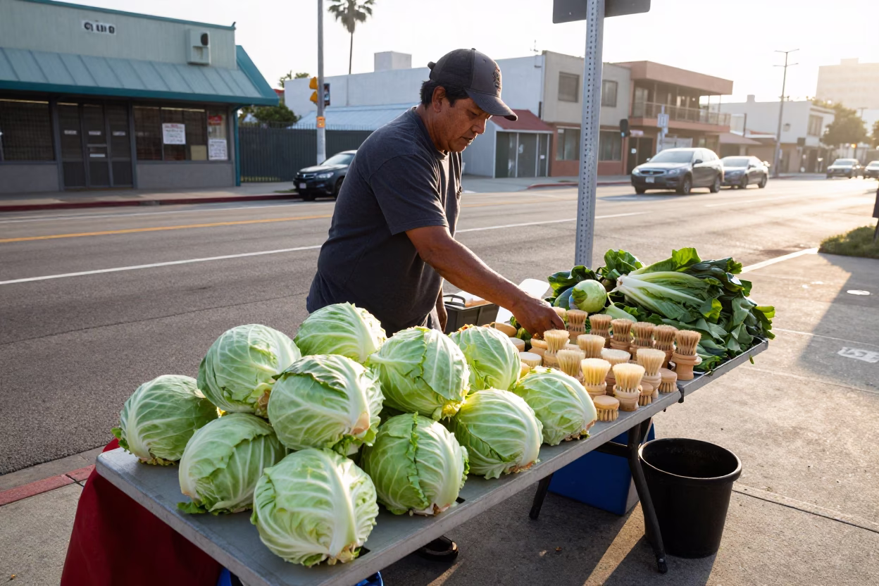 Sunrise Street Vendor Selling Cabbages and Shaving Brushes in Los Angeles California in in Los Angeles, California, United States
