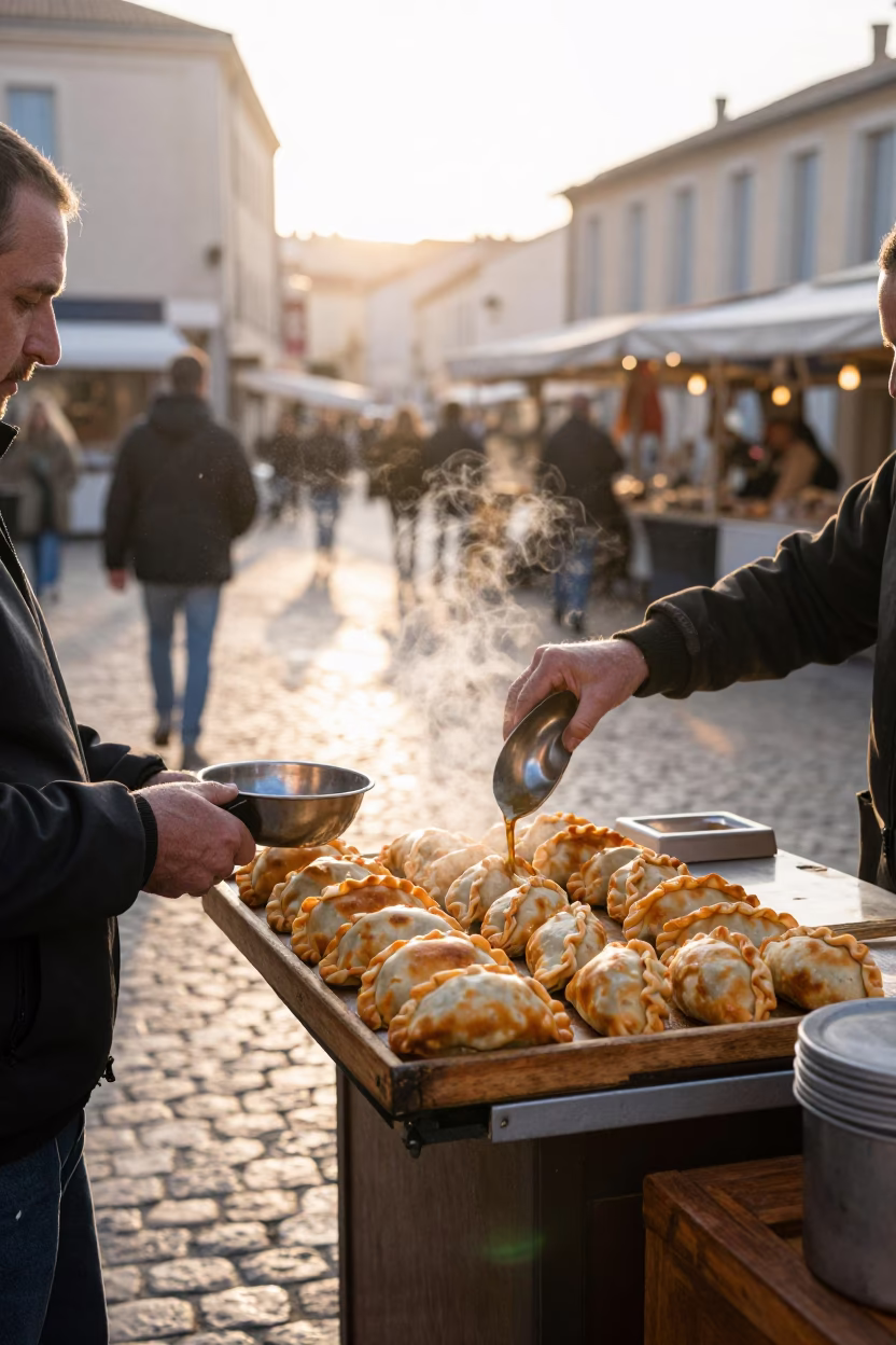 Sunrise Street Vendor Serving Empanadas and Ladle in Marseille France in in Marseille, France