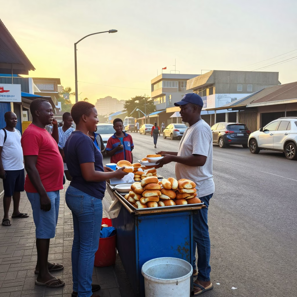 Sunrise street vendor serving fresh bread in busy Durban neighborhood in in Durban, South Africa