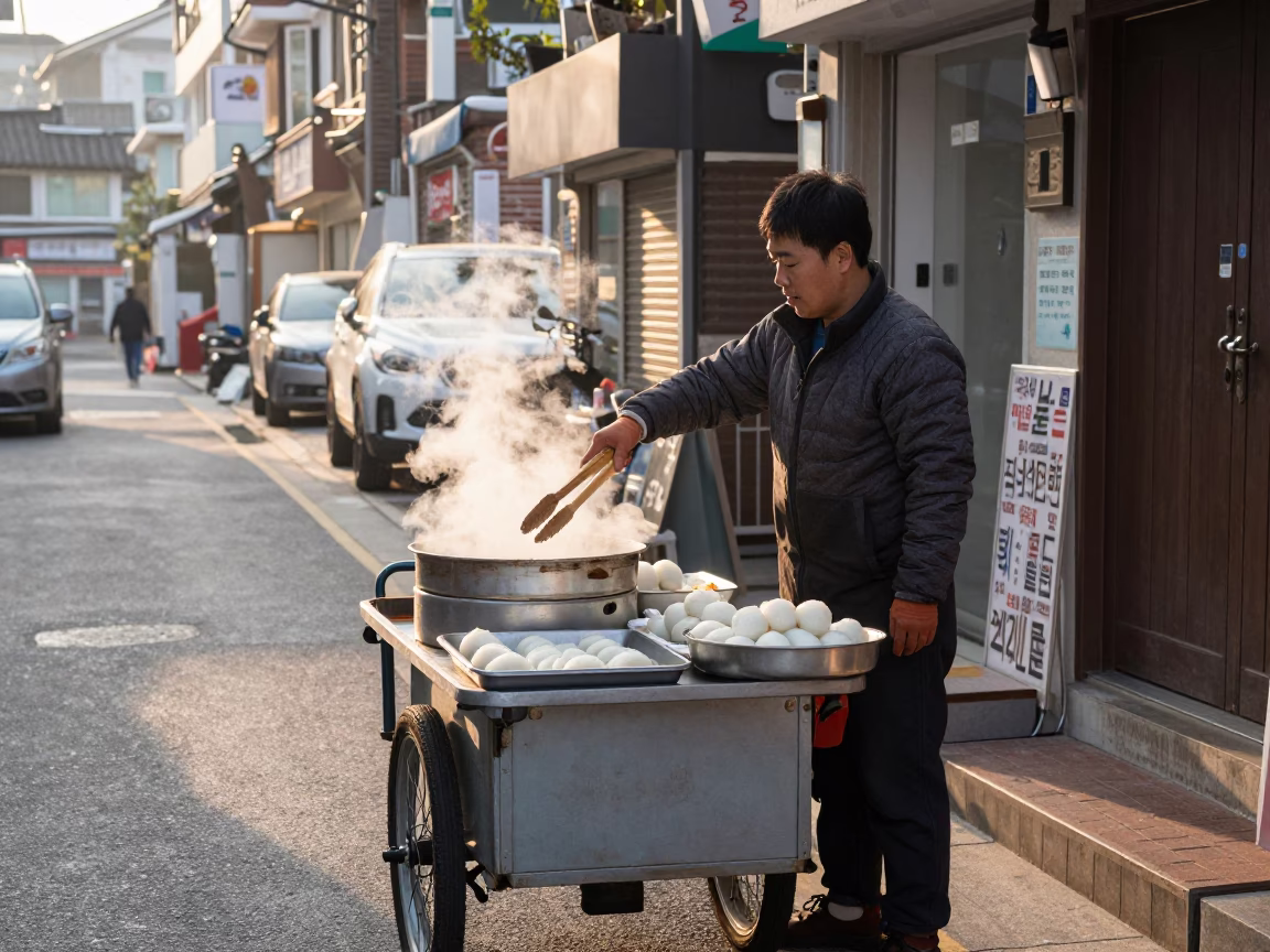 Sunrise street vendor serving hot rice cakes in Seoul South Korea neighborhood in in Seoul, South Korea