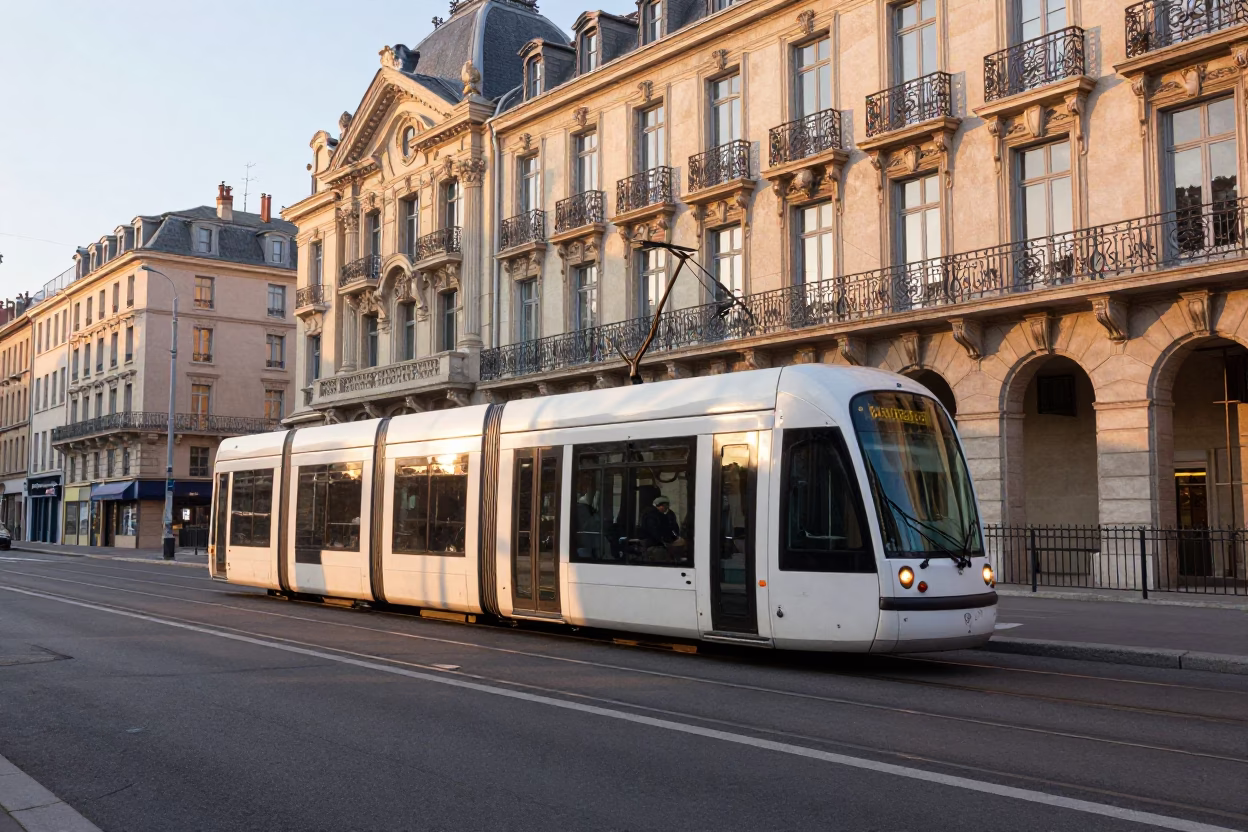 Sunrise Tram Passing Art Nouveau Façades in Lyon France Morning Light in in Lyon, France