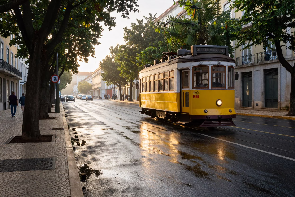Sunrise Tramcar just after sunrise in Lisbon in in Lisbon, Portugal