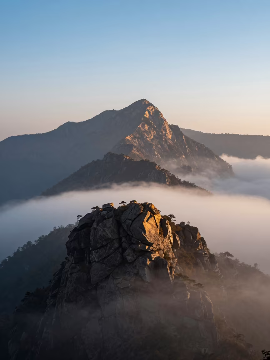 Sunrise Over Uttarakhand Ridge Above Clouds in across a wide valley floor in Uttarakhand