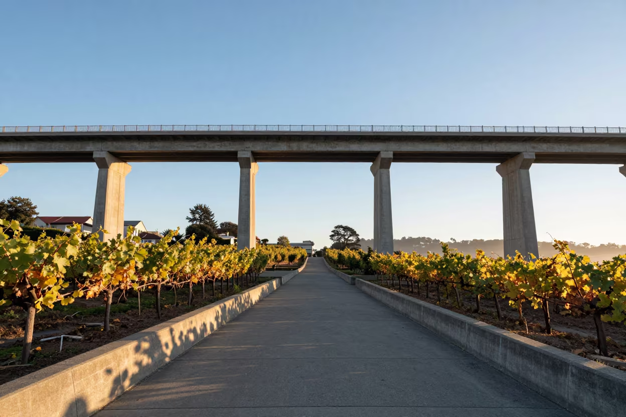 Sunrise Viaduct Over Hayes Valley Vineyard in beneath a bridge span in Hayes Valley, San Francisco