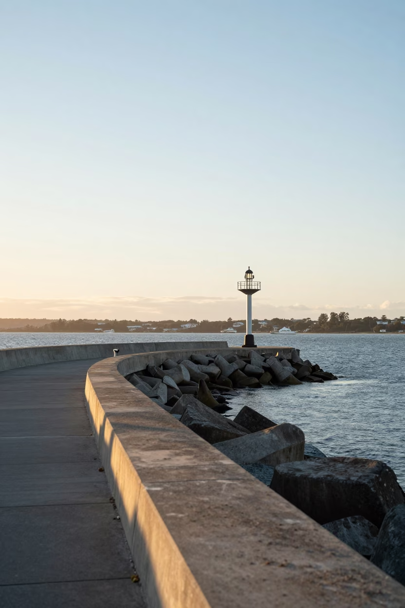 Sunrise View of Perth Riverfront Breakwater Beacon and Coastal Lichen on Conifer Tree in in Perth, Western Australia, Australia