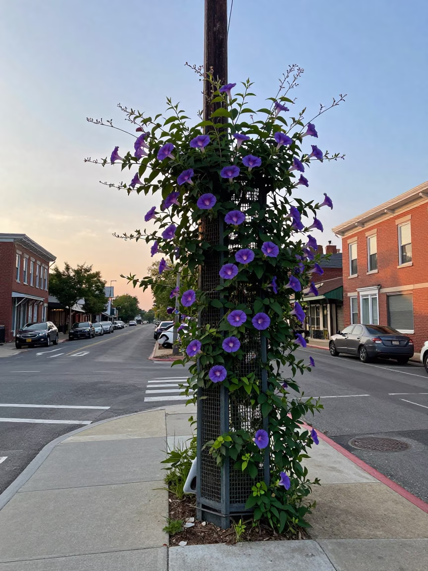 Sunrise View of Philadelphia Street Corner with Morning Glory Vine and Coffee Mug in in Philadelphia, Pennsylvania, United States