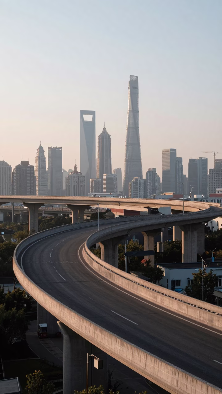 Sunrise View of Shanghai Concrete Viaduct and Urban Skyline in in Shanghai, China