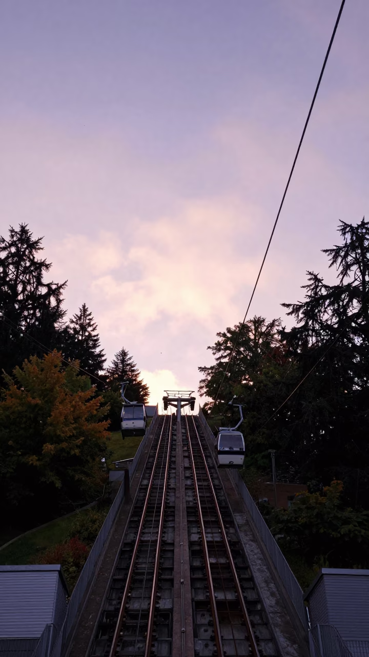 Sunrise View of Vancouver Funicular Railway Climbing Steep Hill Near Granville Island in in Vancouver, British Columbia, Canada