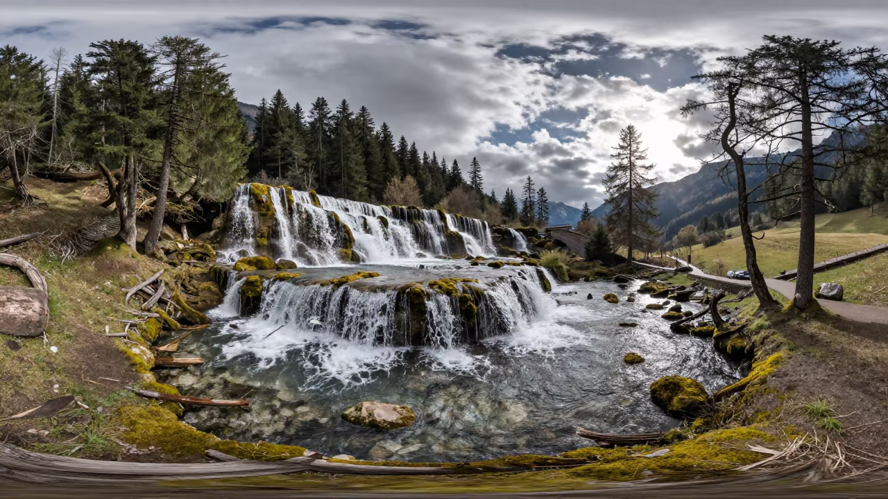 Sunrise Waterfall Over Mossy Terraces Near Innsbruck in across a wide valley floor near Innsbruck