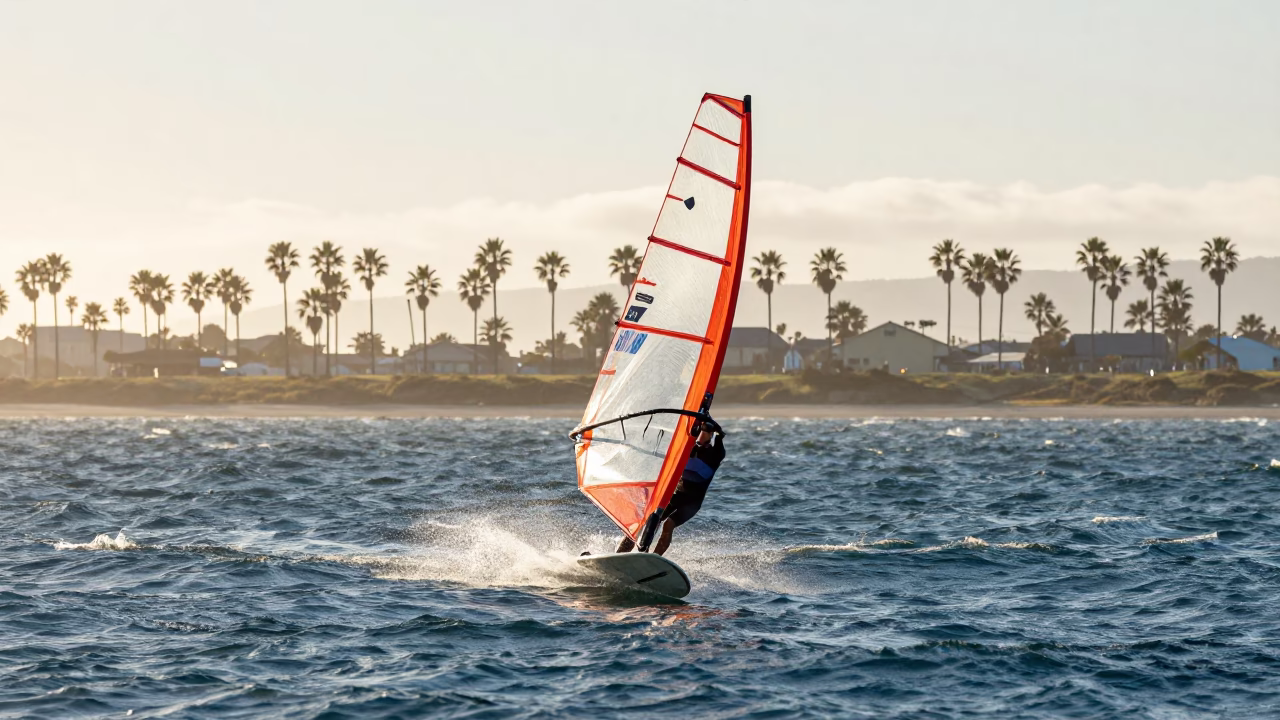 Sunrise windsurfer catching air over San Diego Bay with palm trees and coastal skyline in in San Diego, California, United States