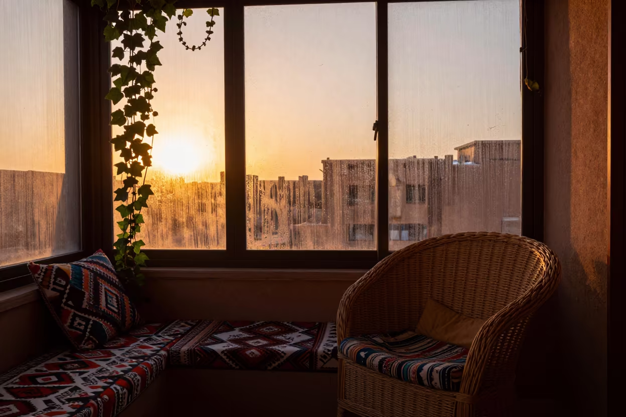 Sunroom Reading Nook in Taourirt Late Summer in on a reading nook cushion in Taourirt