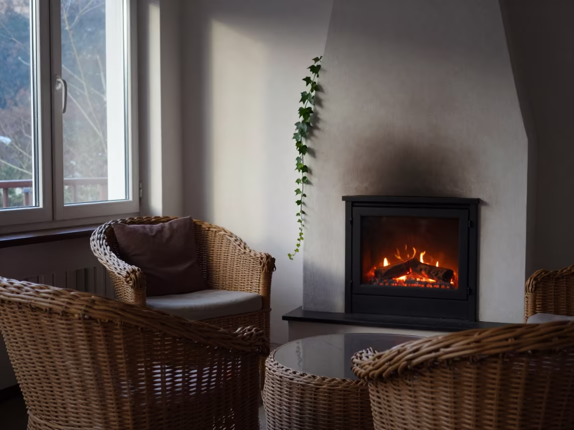 Sunroom with Wicker and Ivy Near Fireplace in by a crackling fireplace near Gölcük