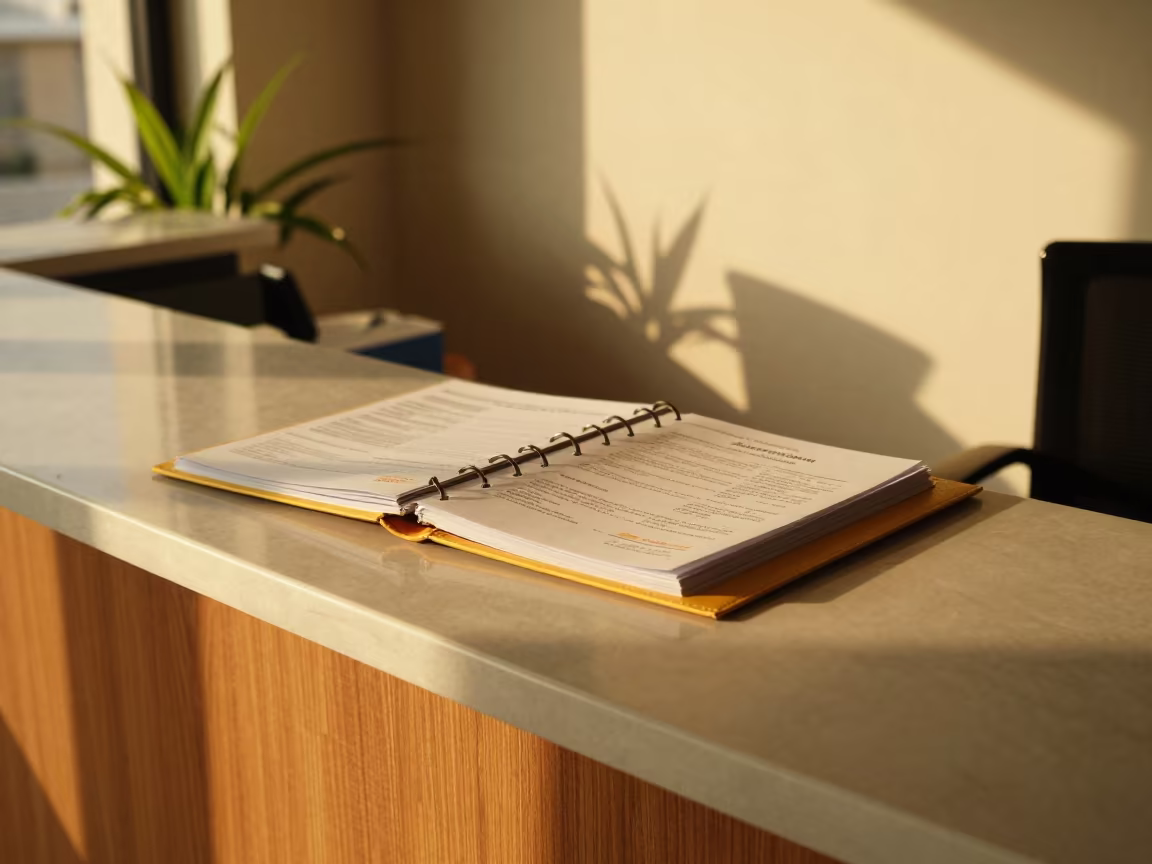 Sunscreen Consent Binder on Reception Desk in at a reception desk under warm light in Mohali