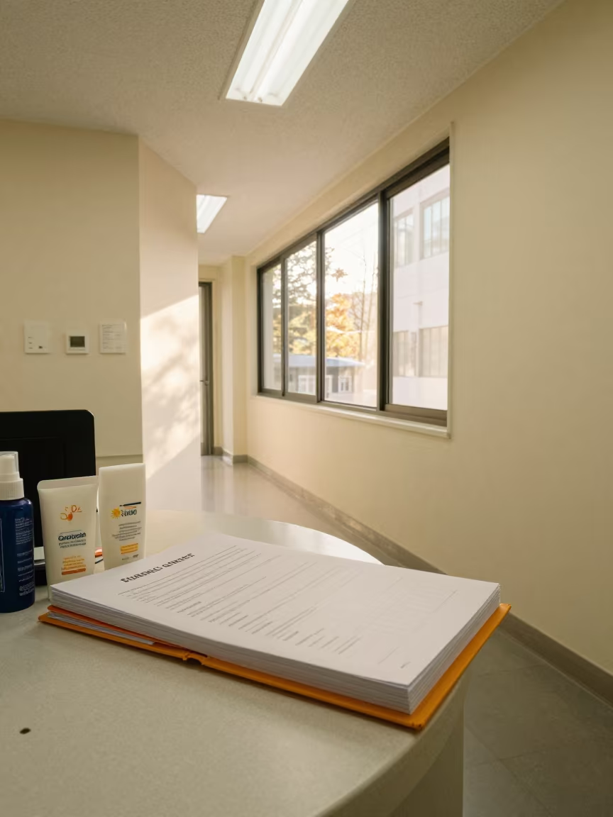Sunscreen Consent Binder on Seoul Corridor Counter in in a quiet guest corridor in Seoul