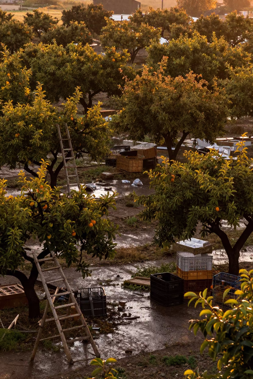 Sunset Over Abandoned Orchard with Fruit in among orchard ladders and crates in Antalya