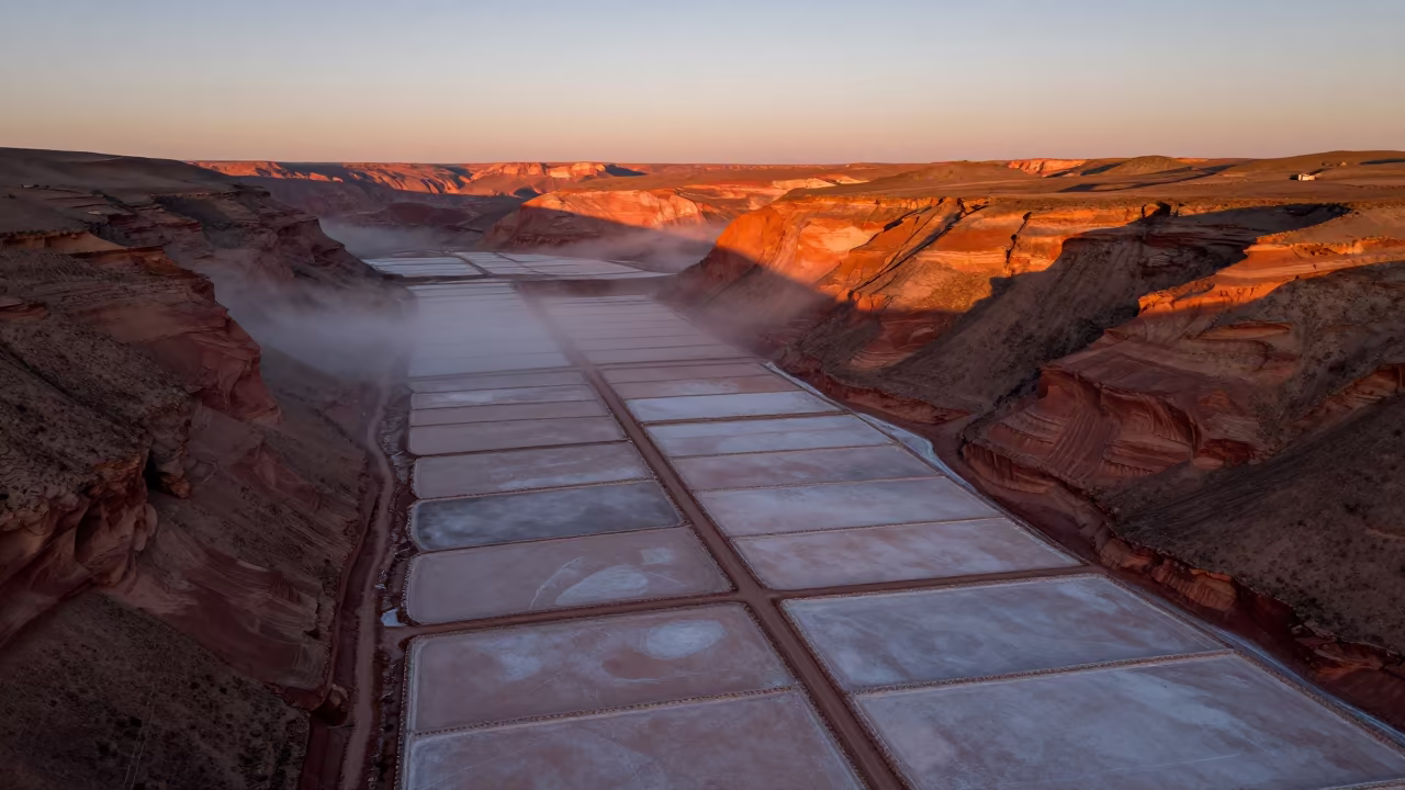 Sunset Aerial View of Peruvian Salt Ponds in high over salt ponds and causeways in Peru