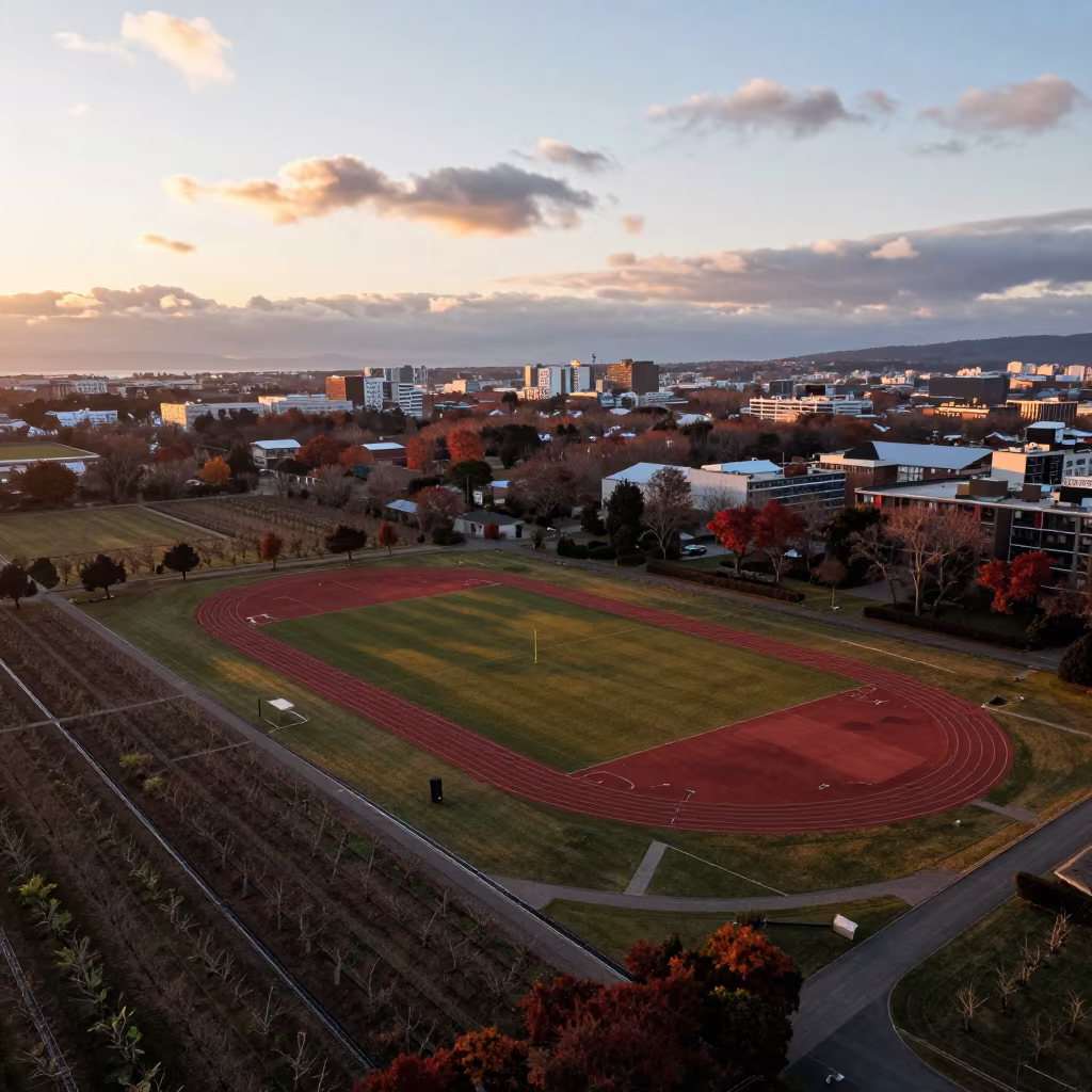 Sunset aerial view of sports track near Kobe orchards in far above orchard blocks and irrigation lines near Kobe