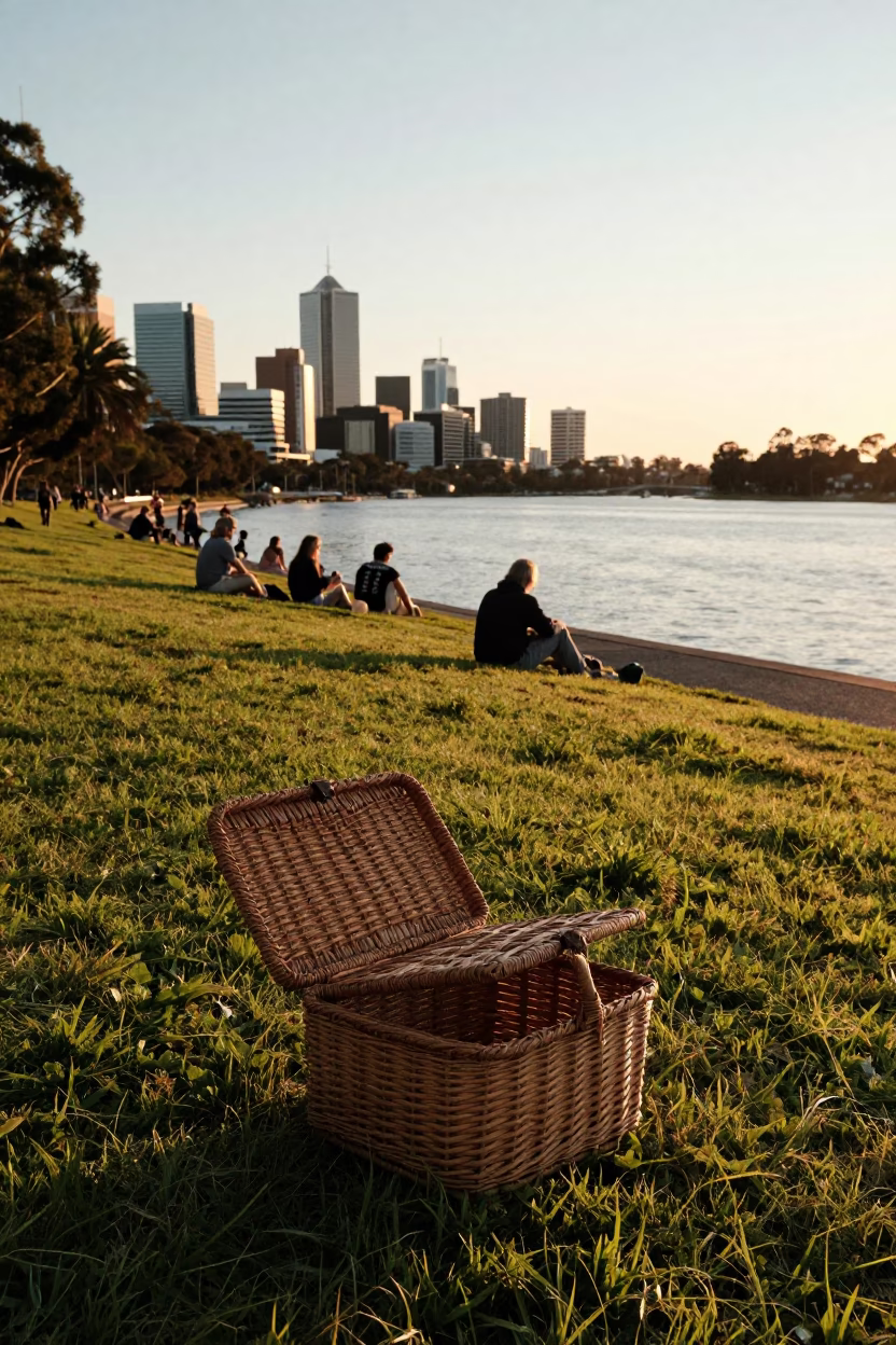 Sunset at Adelaide Riverbank with Vintage Picnic Gear and Local Leisure in in Adelaide, South Australia, Australia
