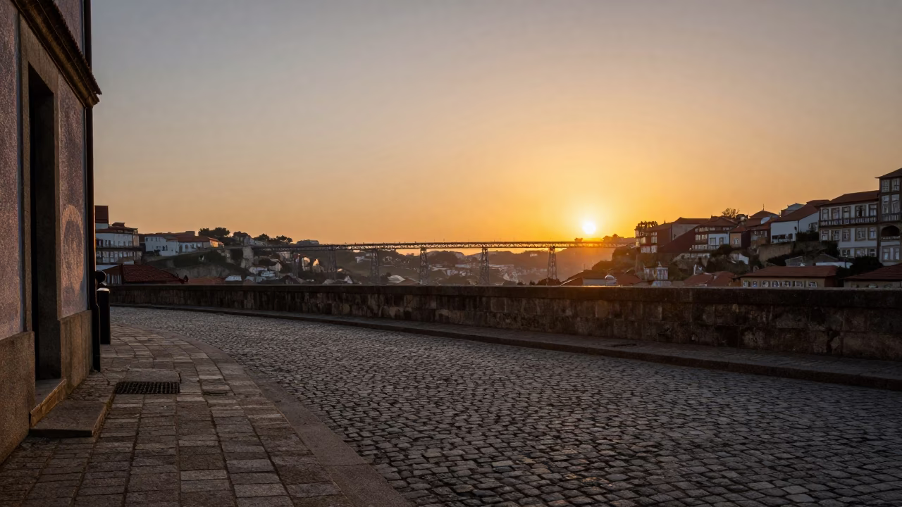Sunset at As The Sun Drops Toward The Horizon in Porto in in Porto, Portugal