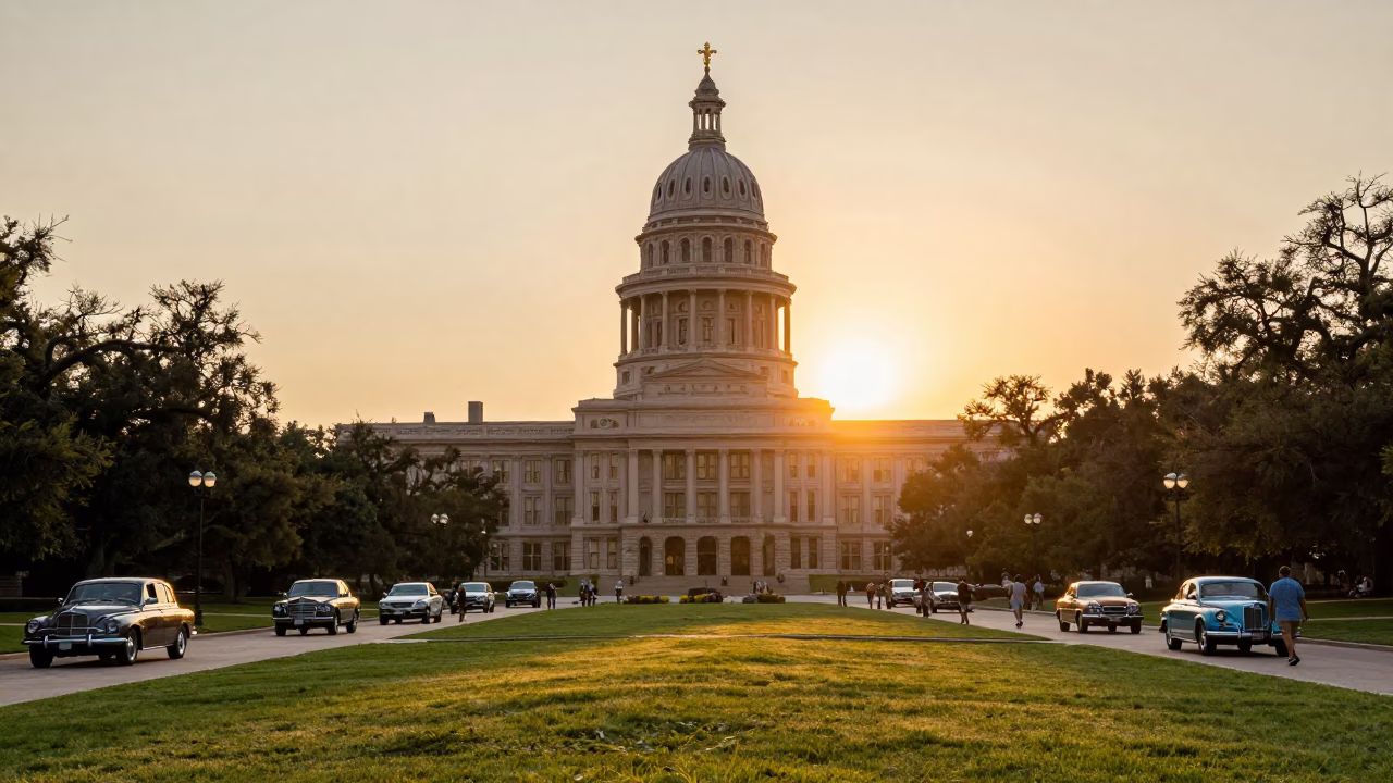 Sunset at Austin Texas State Capitol with Vintage Cars and Pedestrians in in Austin, Texas, United States