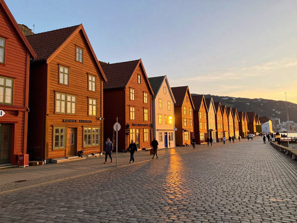 Sunset at Bergen Bryggen Wharf with Colorful Hanseatic Houses and Fishing Boats in in Bergen, Norway