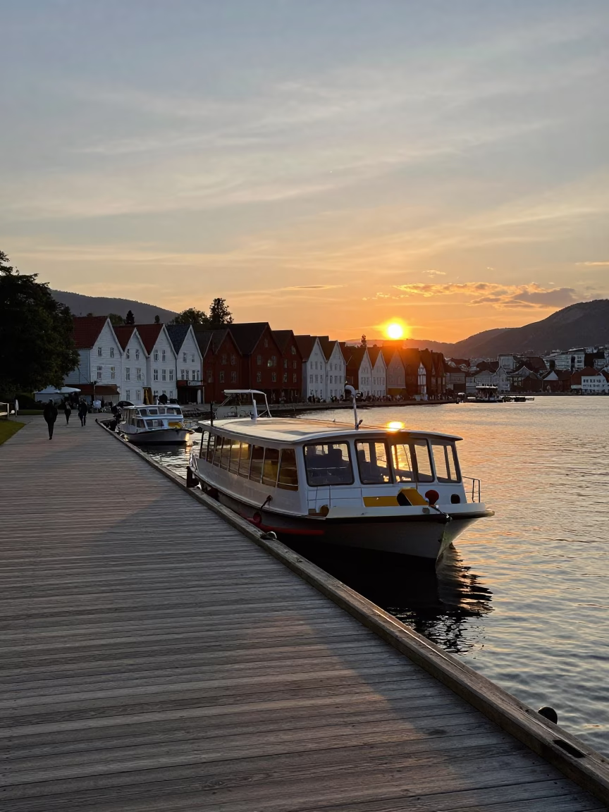 Sunset at Bergen Wharf with Water Taxi and Clear Glass Railings in in Bergen, Norway
