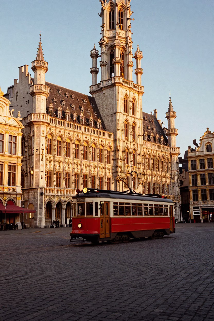 Sunset at Brussels Grand Place with Vintage Tram and Historic Architecture in in Brussels, Belgium