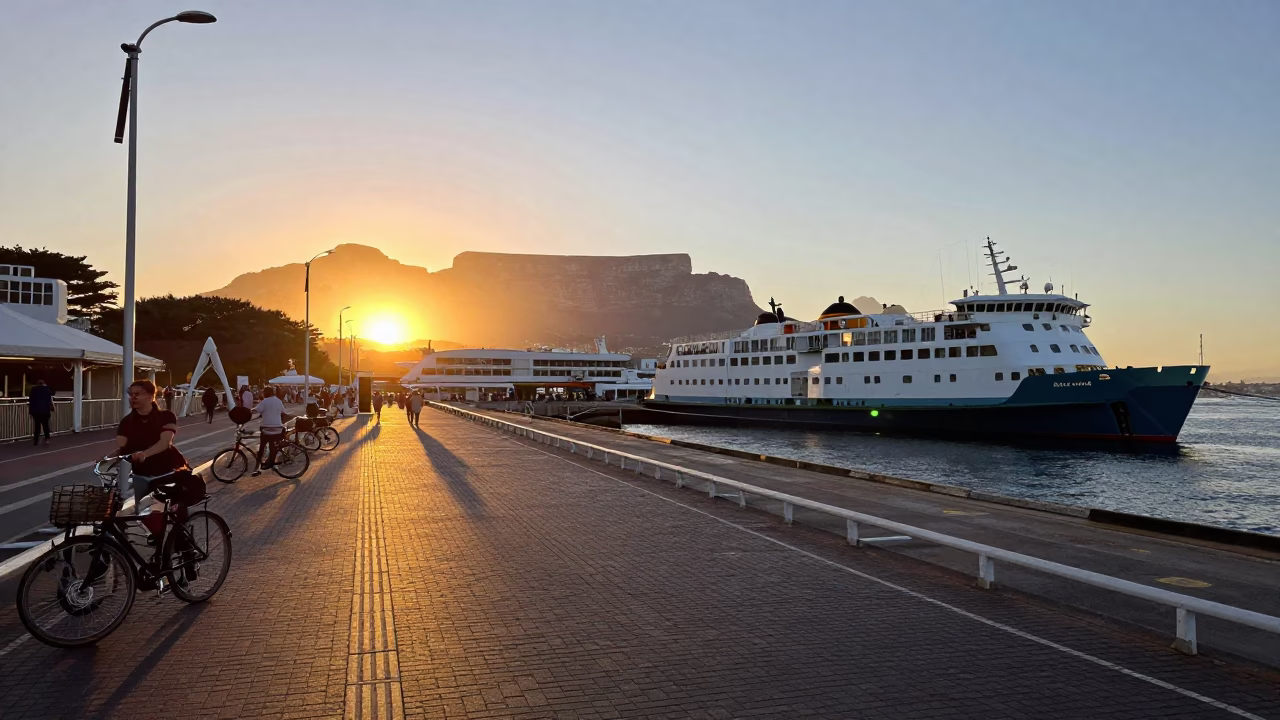 Sunset at Cape Town Waterfront with Ferry and Bicycle Loading Scene in in Cape Town, South Africa