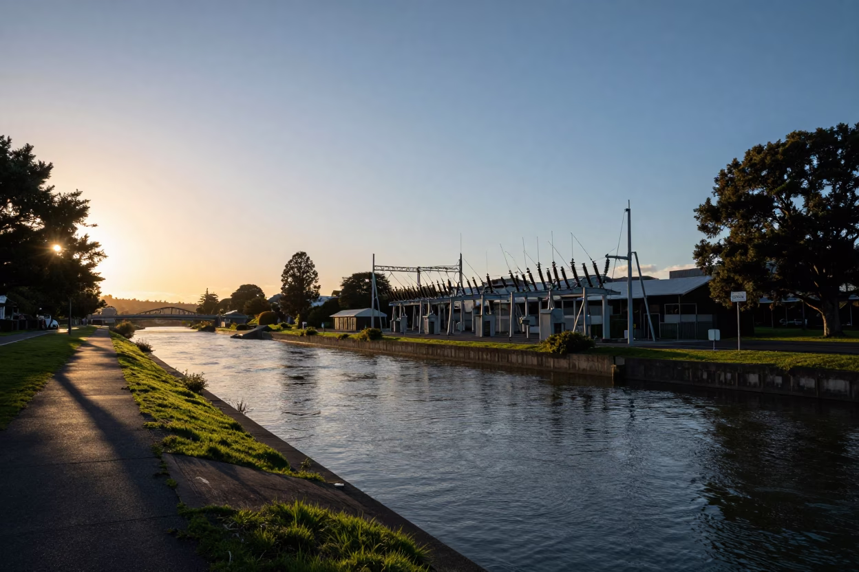 Sunset at Christchurch Avon River with Substation Insulators and Riverside Walkway in in Christchurch, New Zealand