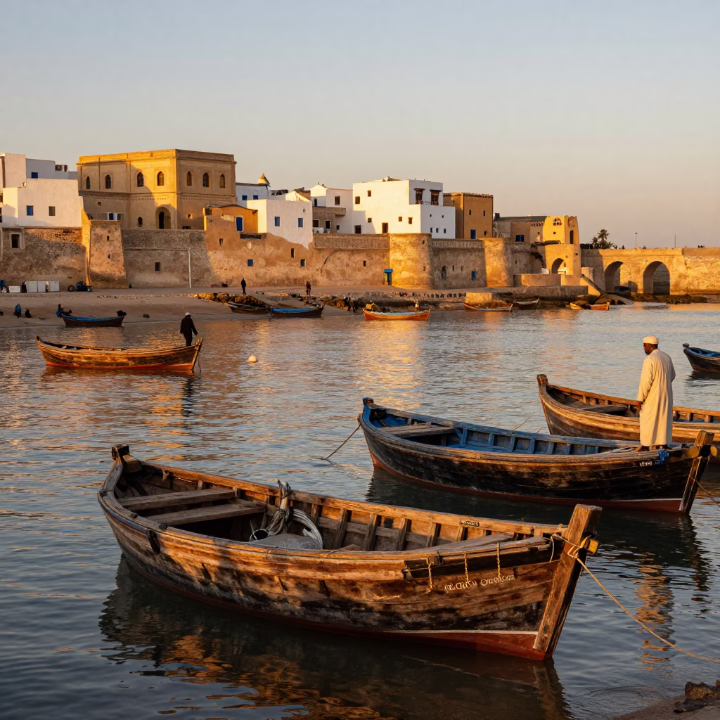 Sunset at Essaouira Port with Traditional Wooden Boats and Fishermen in in Essaouira, Morocco