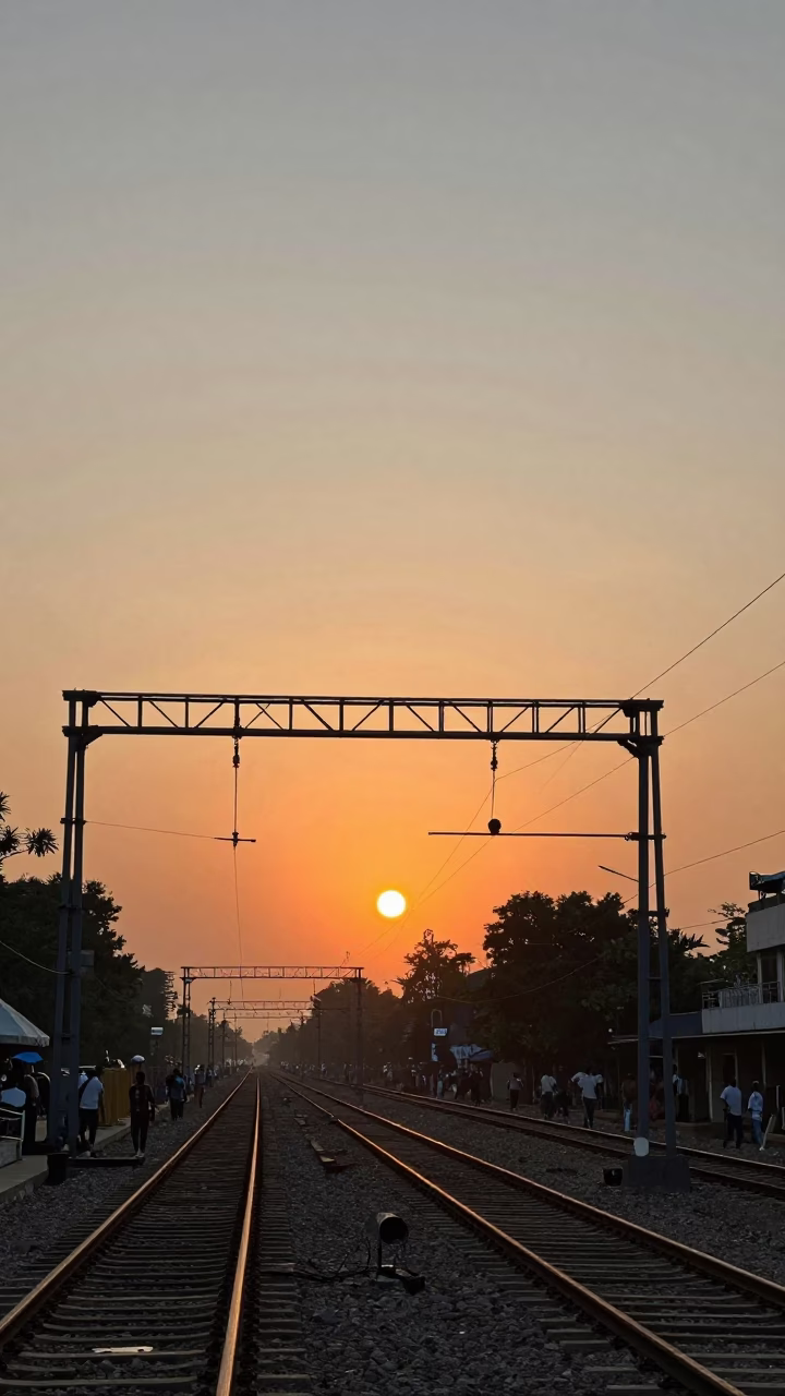 Sunset at Howrah Station Kolkata Signal Gantry and Rail Lines Photography in in Kolkata, India
