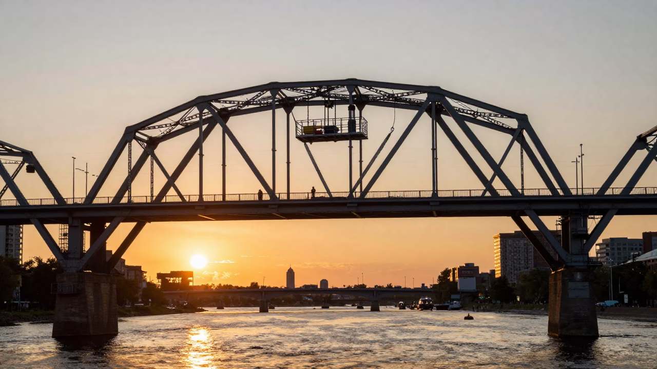 Sunset at Jacques Cartier Bridge with maintenance cage and urban Montreal skyline in in Montreal, Quebec, Canada