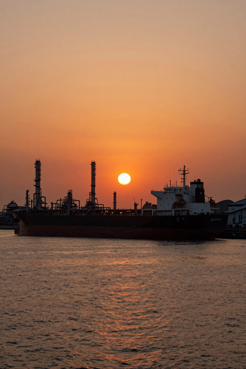 Sunset at Kaohsiung Harbor Tanker Ship Docked Near Refinery Industrial Skyline in in Kaohsiung, Taiwan