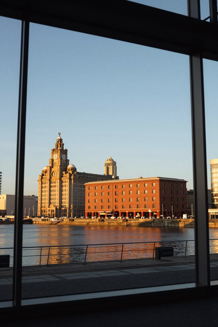 Sunset at Liverpool Albert Dock with clear glass doorframe and paddlewheel steamboat on Mersey in in Liverpool, United Kingdom