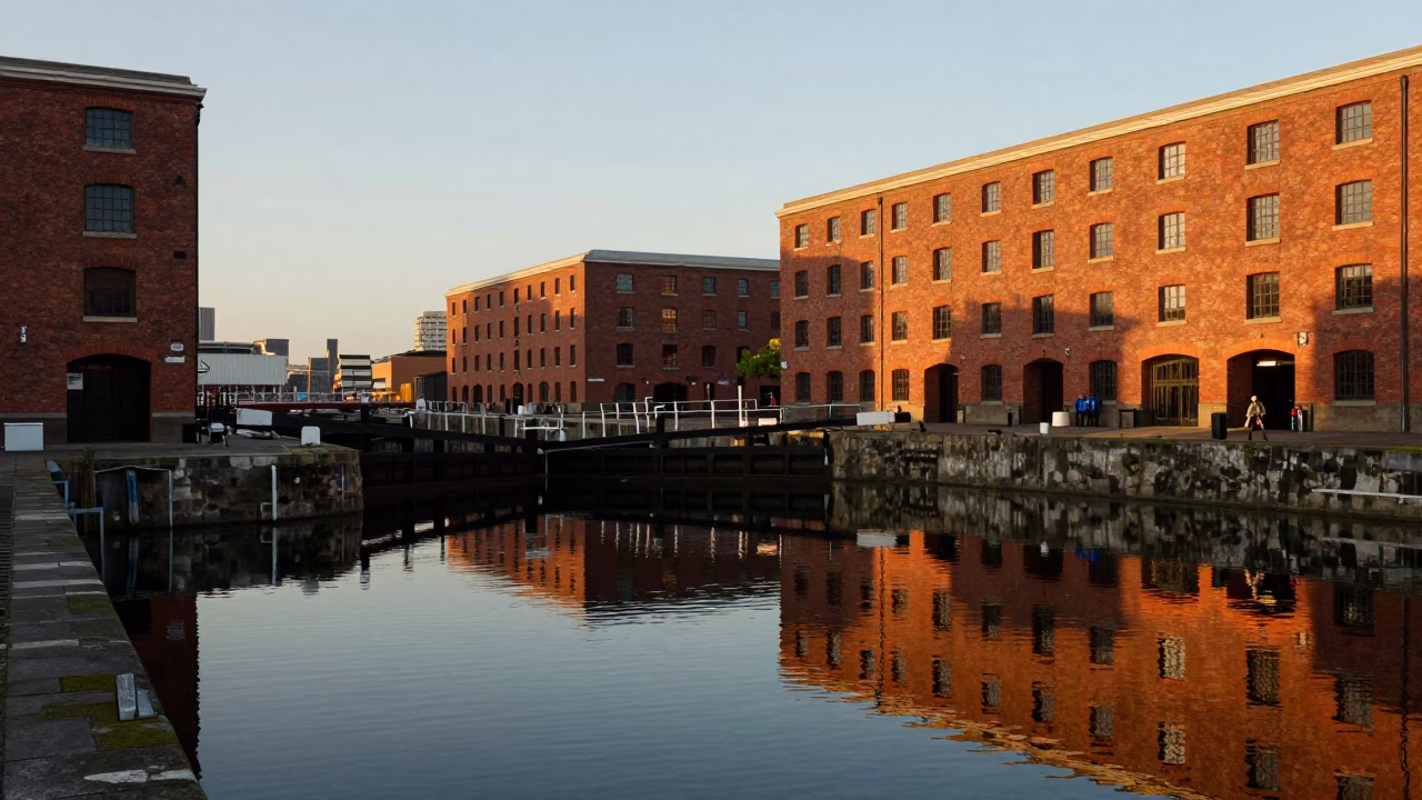 Sunset at Liverpool Albert Dock with historic waterfront architecture and canal locks in in Liverpool, United Kingdom