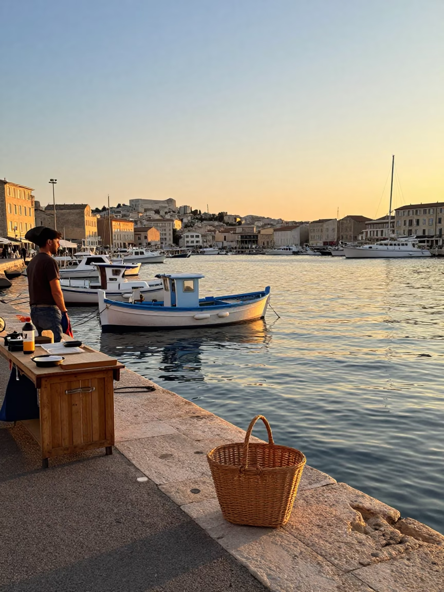 Sunset at Marseille Vieux Port with basket and blue white porcelain bowl in in Marseille, France