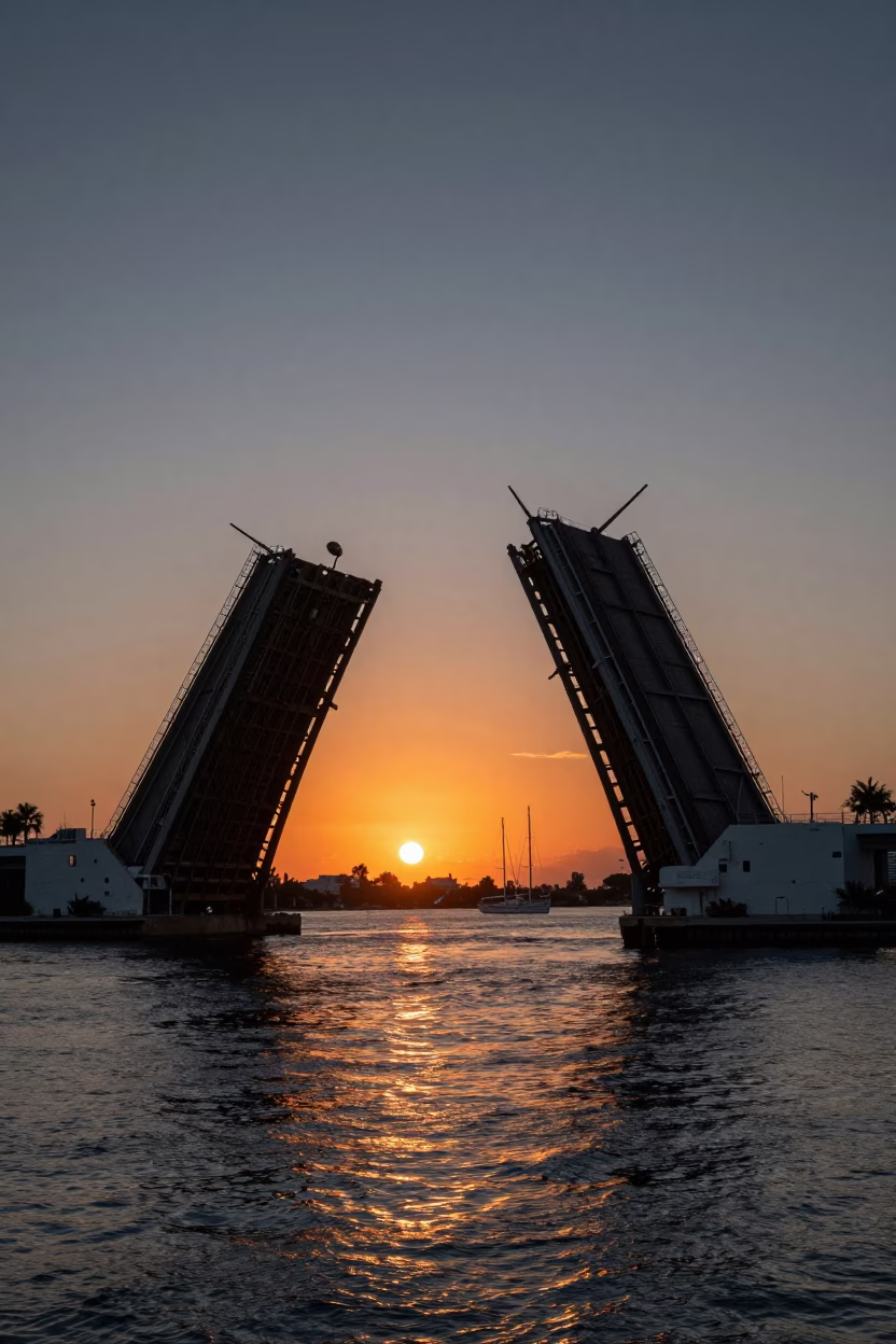 Sunset at Miami Bridge Drawbridge Raising for Tall Ship with Palm Trees in in Miami, Florida, United States