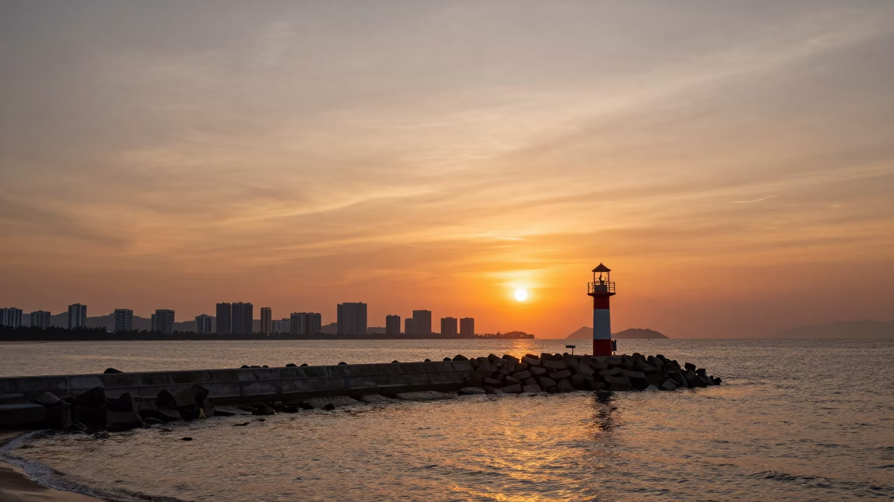Sunset at Patong Beach Phuket Thailand with Lone Breakwater Beacon and Moonlit Surf in in Phuket, Thailand
