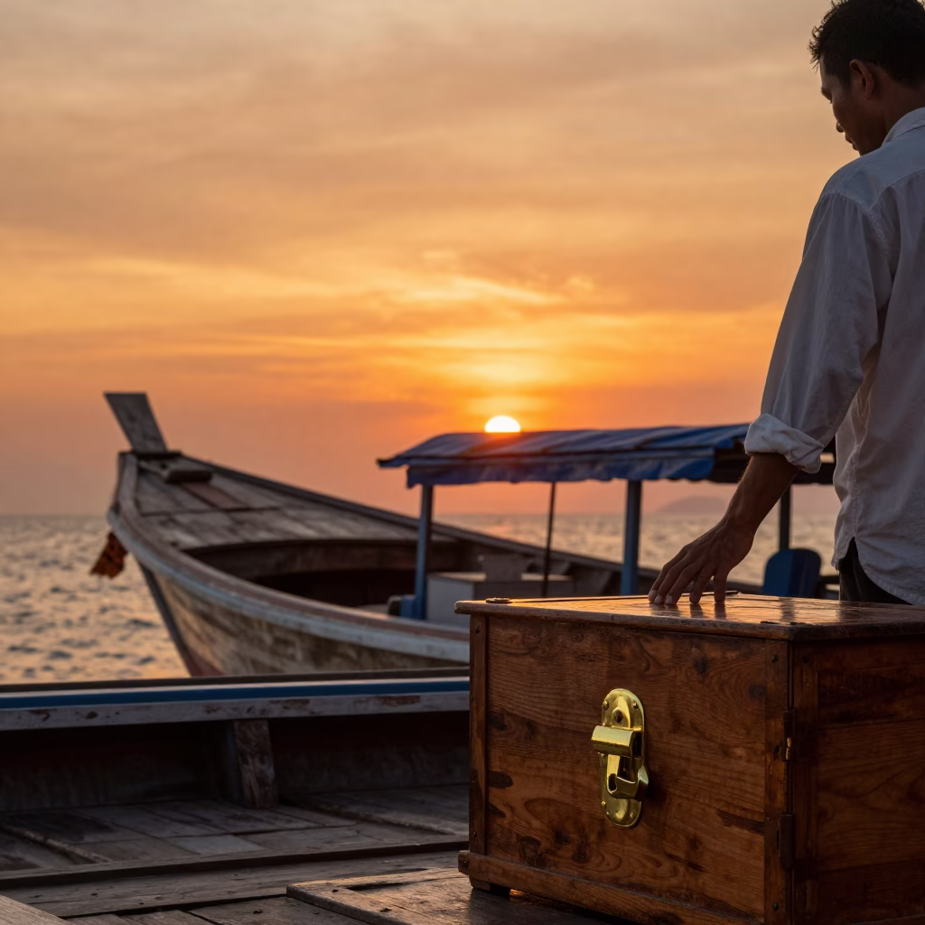 Sunset at Phuket Harbor with Junk Boat and Brass Latch Detail in in Phuket, Thailand