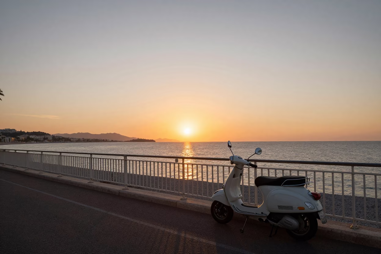 Sunset at Promenade des Anglais Nice France with Vintage Scooter and Local Street Life in in Nice, France