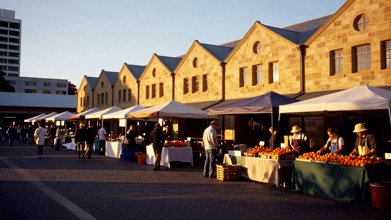 Sunset at Salamanca Market Hobart Tasmania Australia with local vendors and fresh produce in in Hobart, Tasmania, Australia
