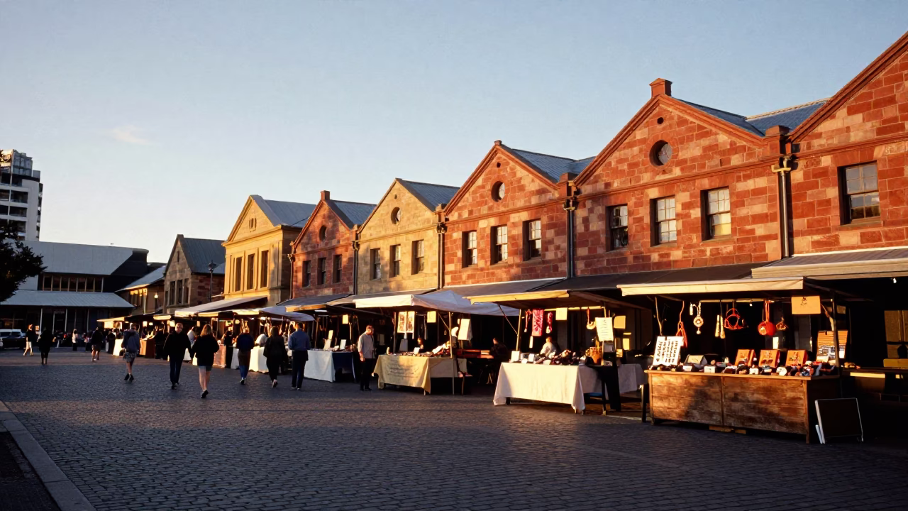 Sunset at Salamanca Market Hobart Tasmania with historic sandstone buildings and local vendors in in Hobart, Tasmania, Australia