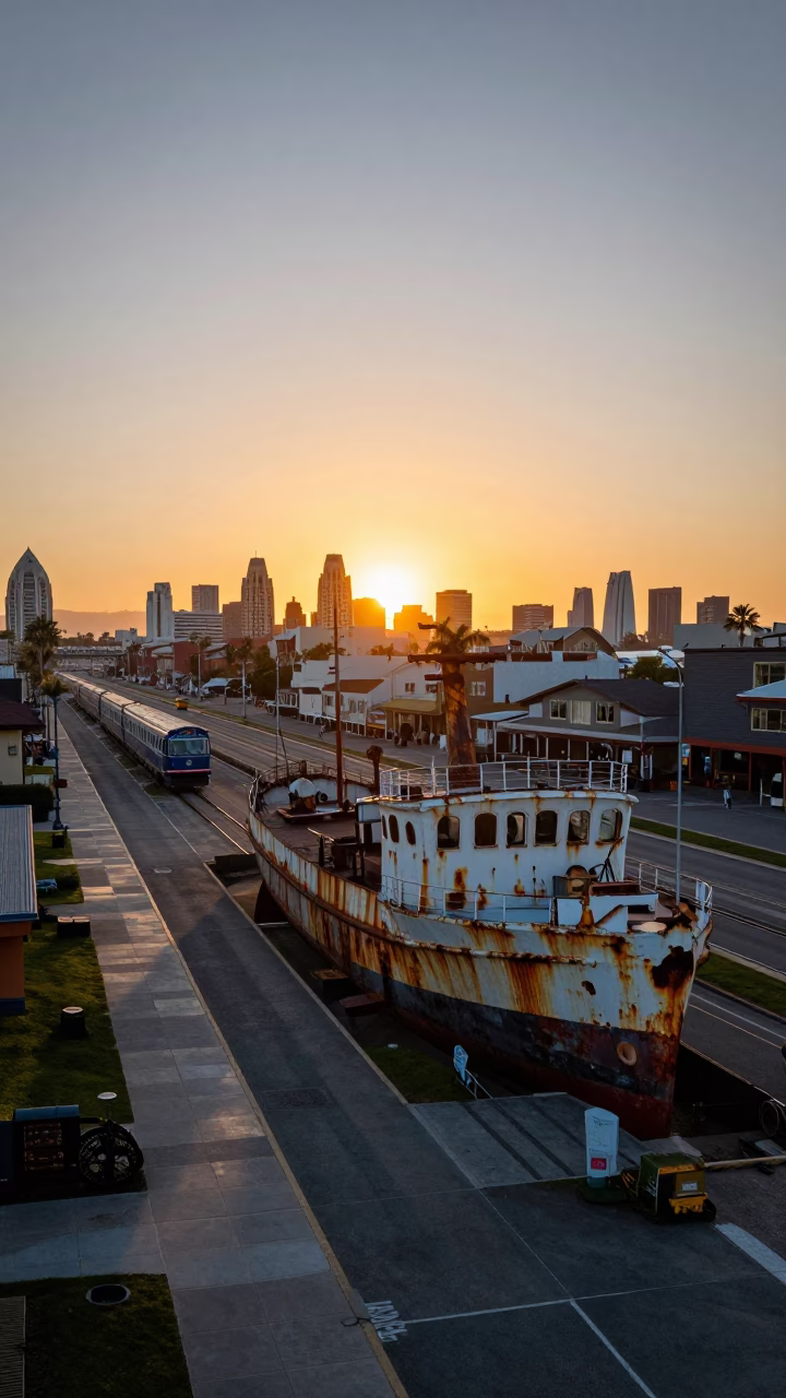 Sunset at San Diego Gaslamp Quarter with Monorail and Rusting Ship in in San Diego, California, United States