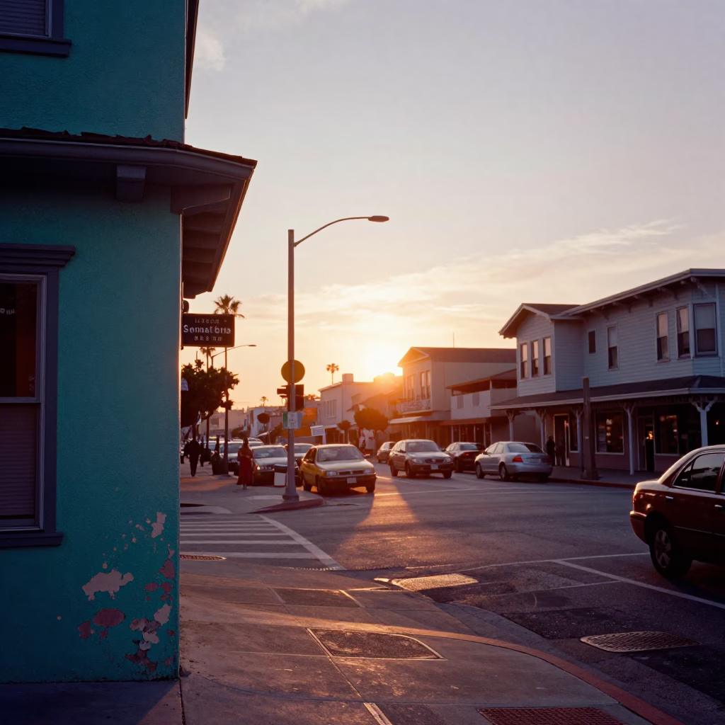 Sunset at San Diego Gaslamp Quarter with Peeling Turquoise Paint and Helicopter Approaching in in San Diego, California, United States