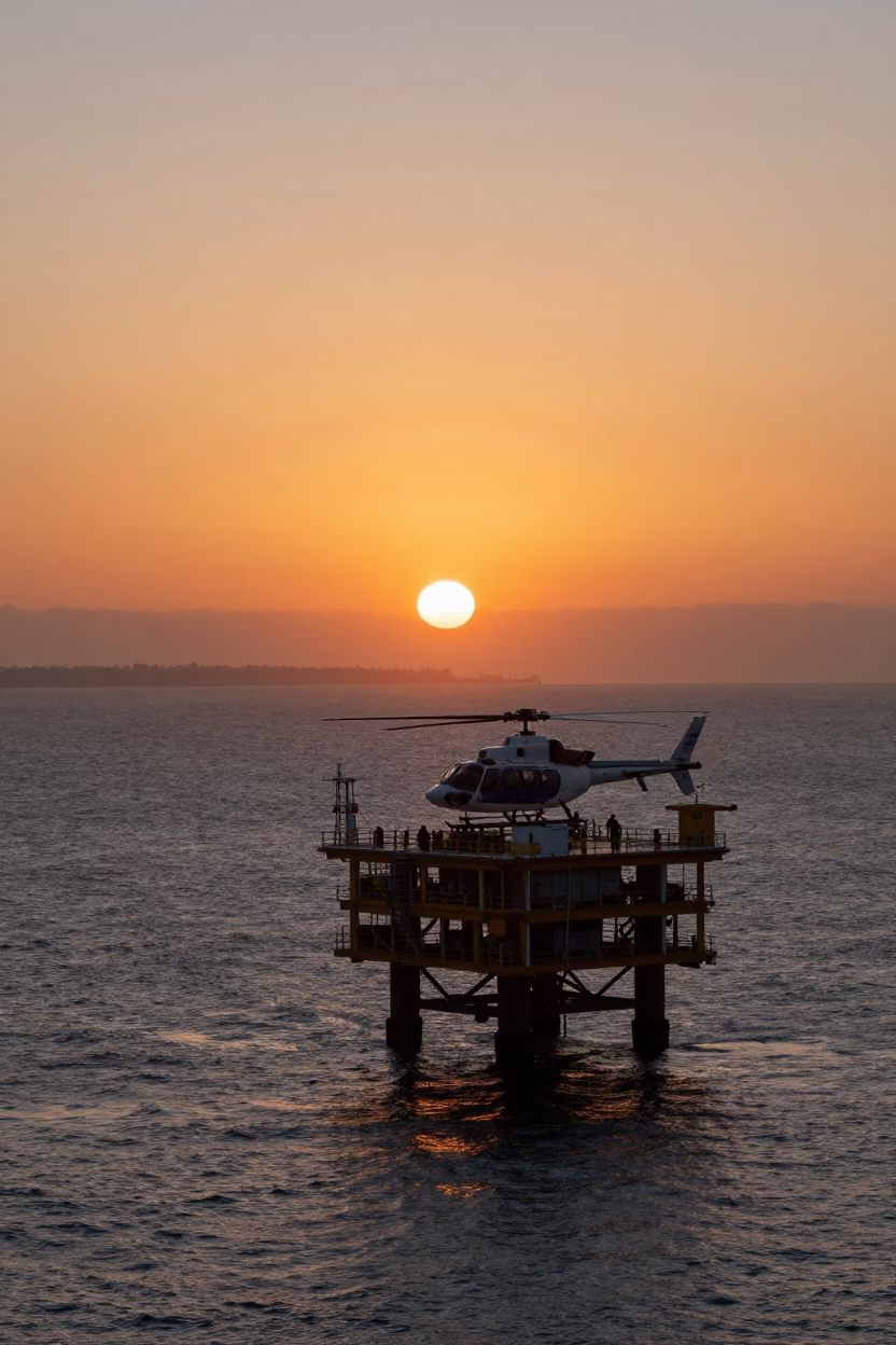 Sunset at San Diego Harbor with Helicopter Approaching Offshore Platform in in San Diego, California, United States